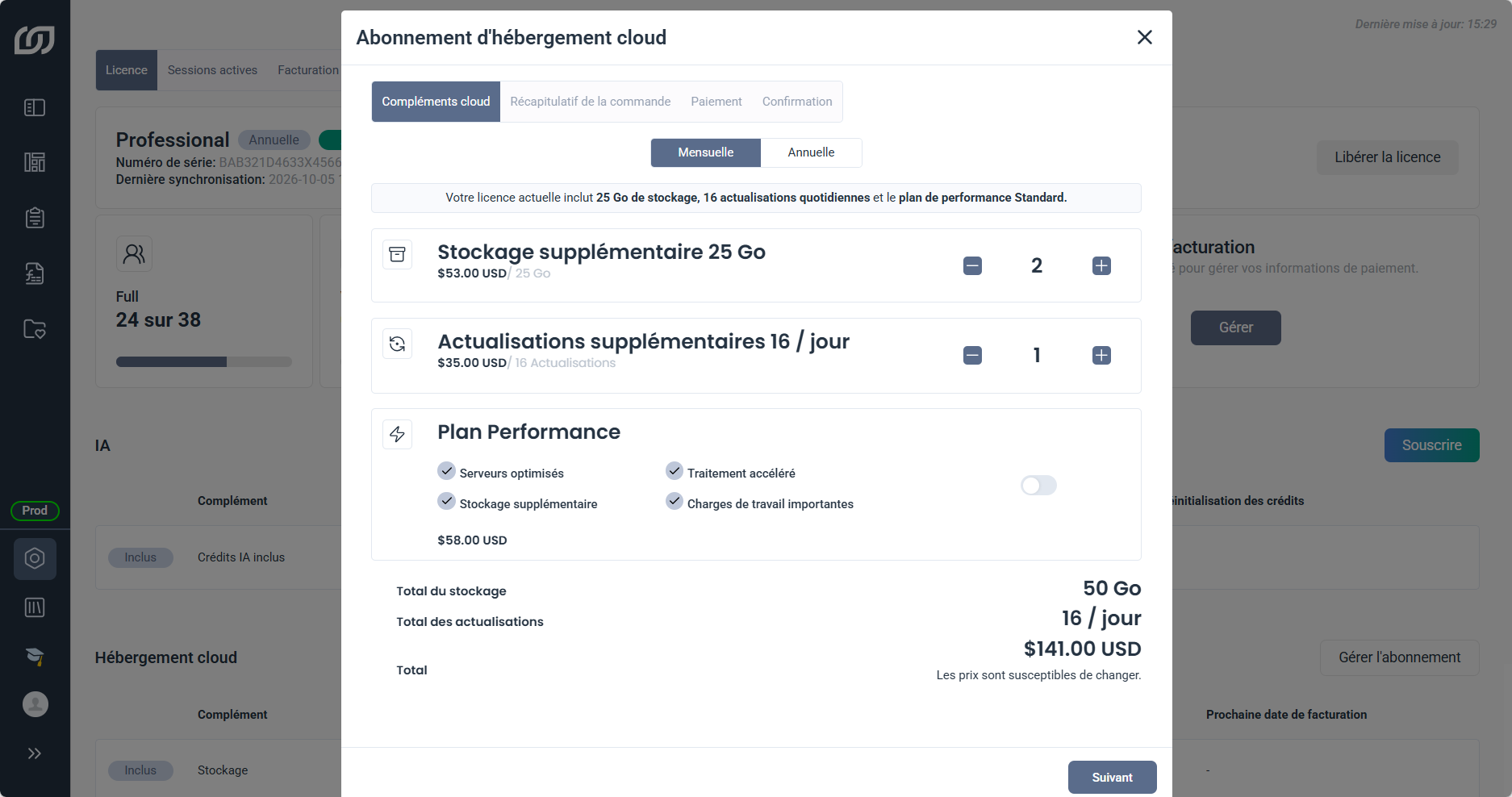 Fenêtre Gérer l'abonnement de l'hébergement cloud, avec le choix entre facturation mensuelle et annuelle, le stockage, les actualisations et le niveau de performance actuels, les boutons plus et moins pour le stockage et les actualisations, l'option Plan Performance et un récapitulatif de commande avec les nouveaux totaux