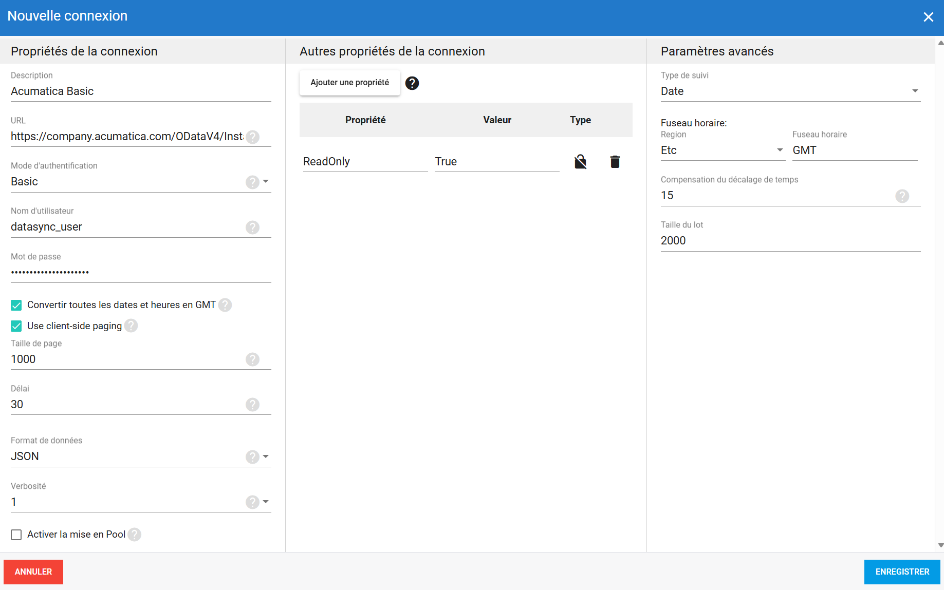 Connexion source Acumatica avec authentification Basic dans DataSync