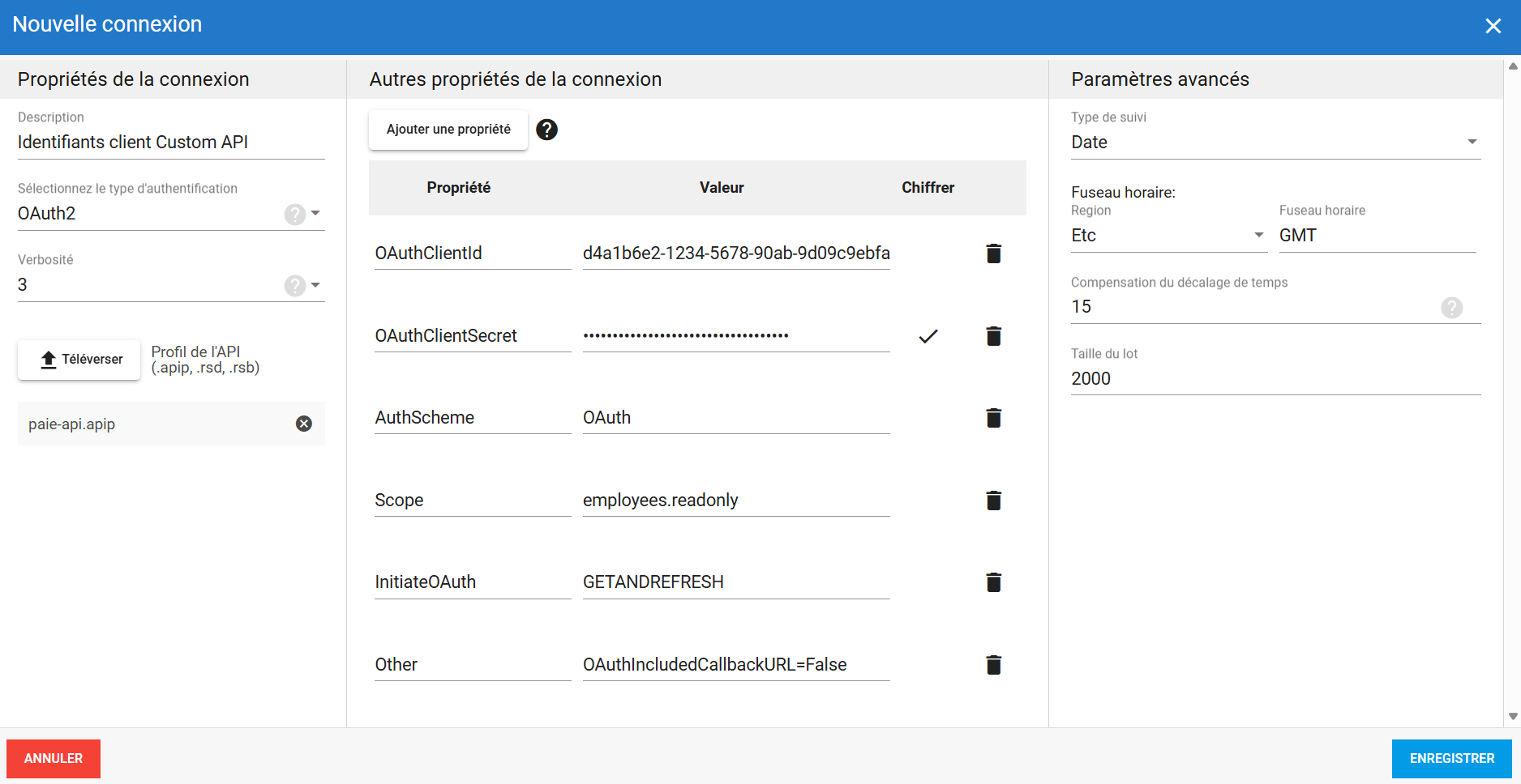 Connexion source Custom API avec identifiants client OAuth2 dans DataSync