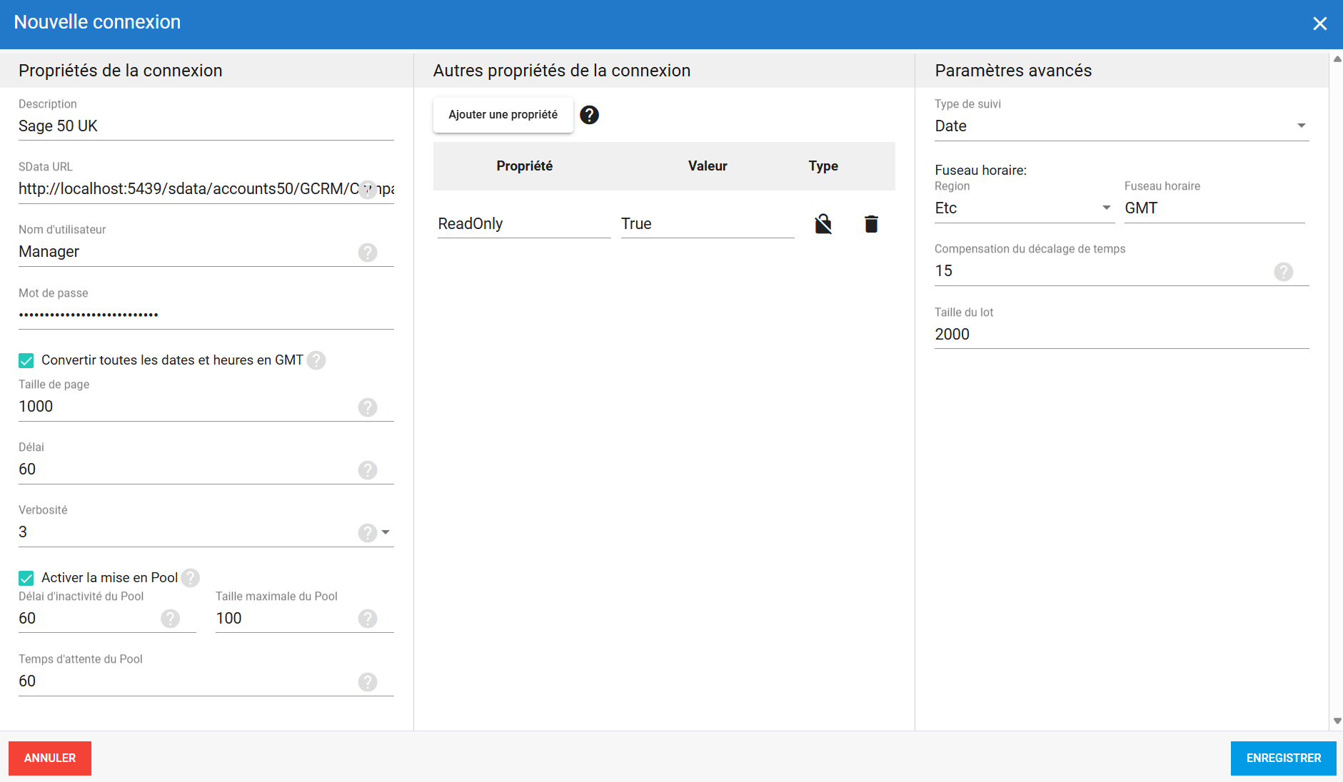 Connexion source Sage 50 UK dans DataSync