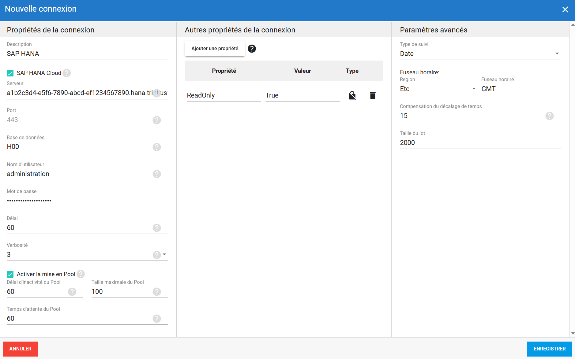 Connexion source SAP HANA dans DataSync