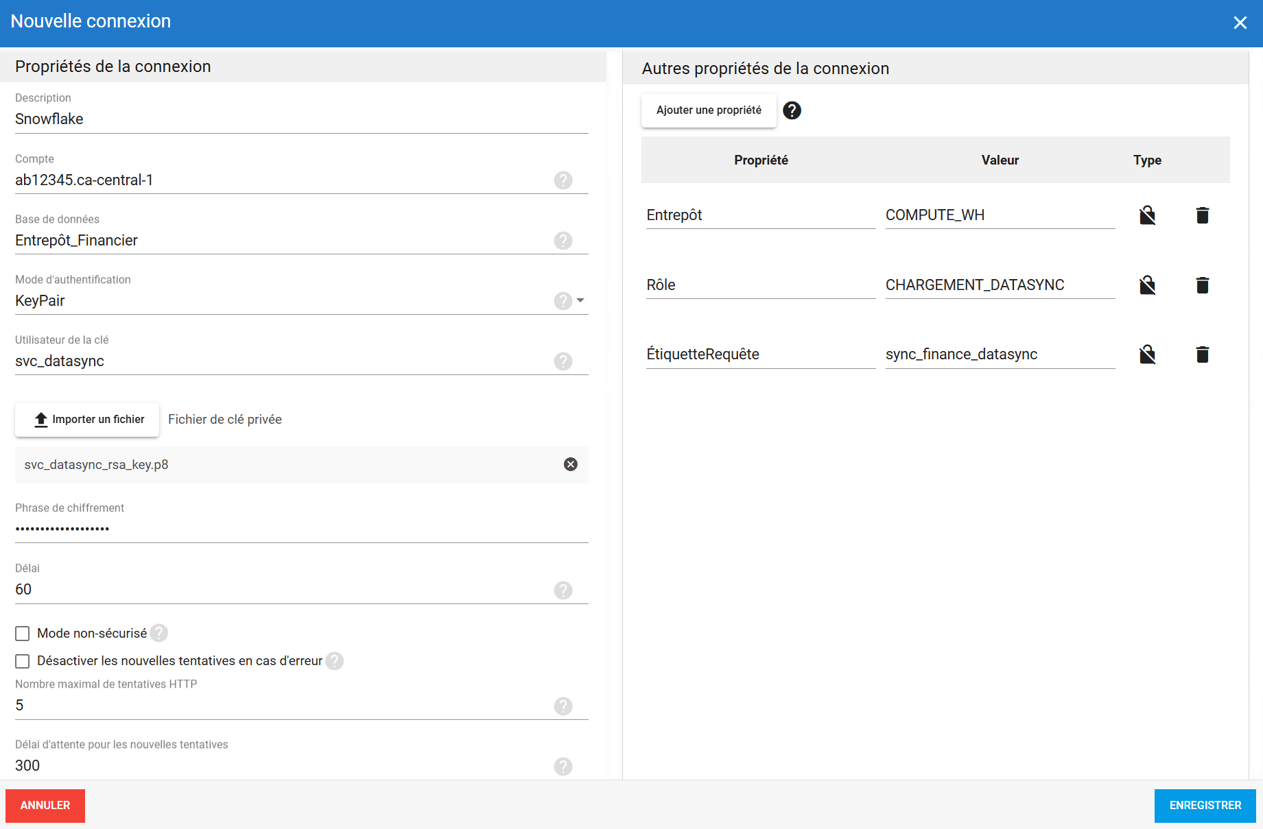 Connexion de destination Snowflake avec authentification par paire de clés dans DataSync