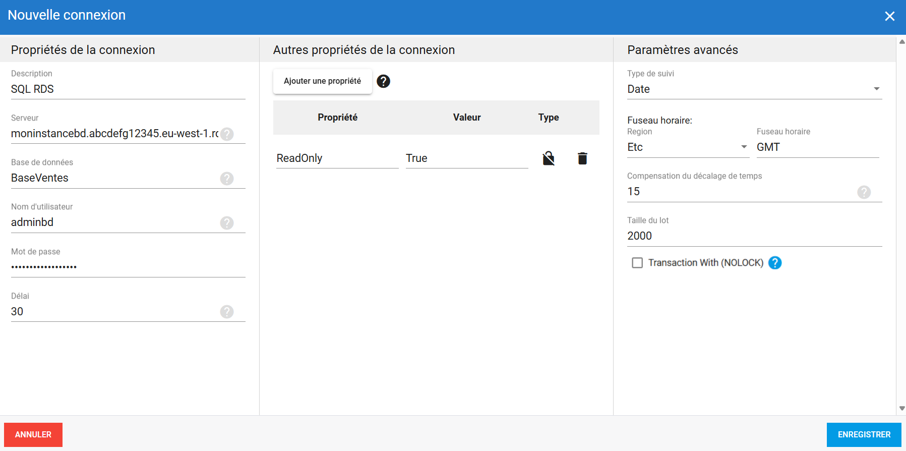 Connexion source SQL RDS dans DataSync