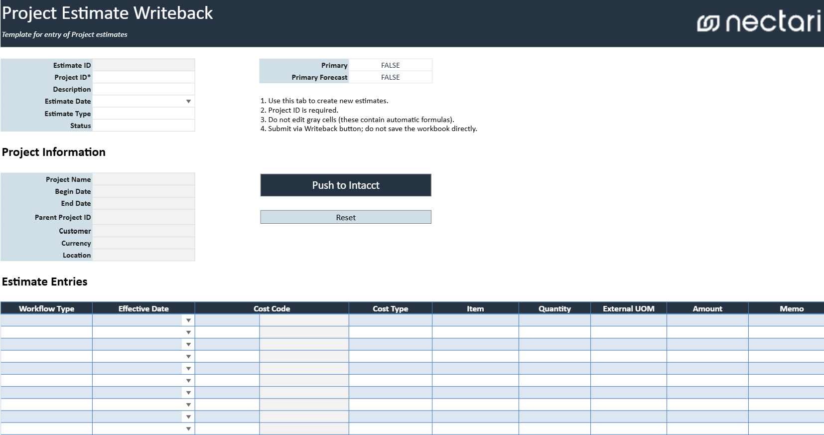 Classeur Project Estimate Writeback avec l'en-tête de l'estimation, les informations du projet et la grille d'estimation