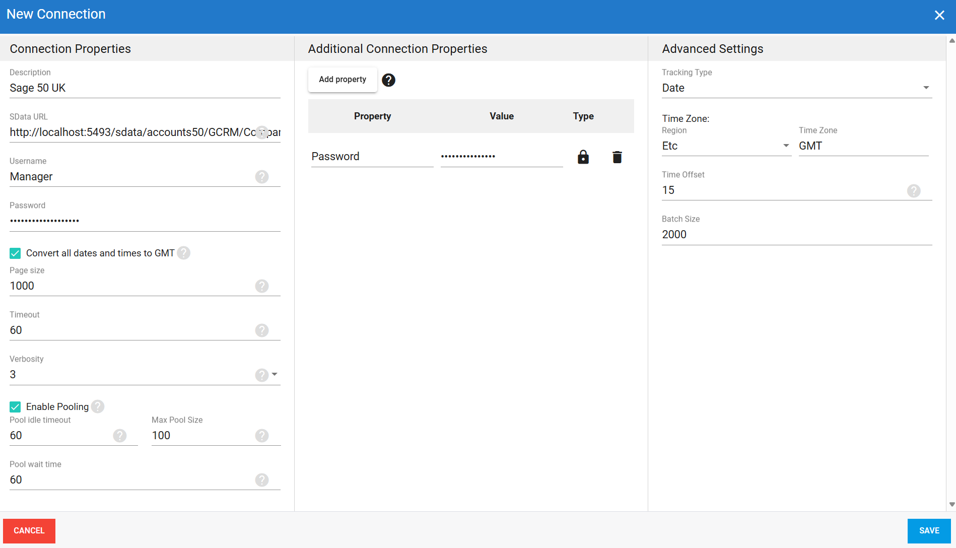 Sage 50 UK source connection in DataSync