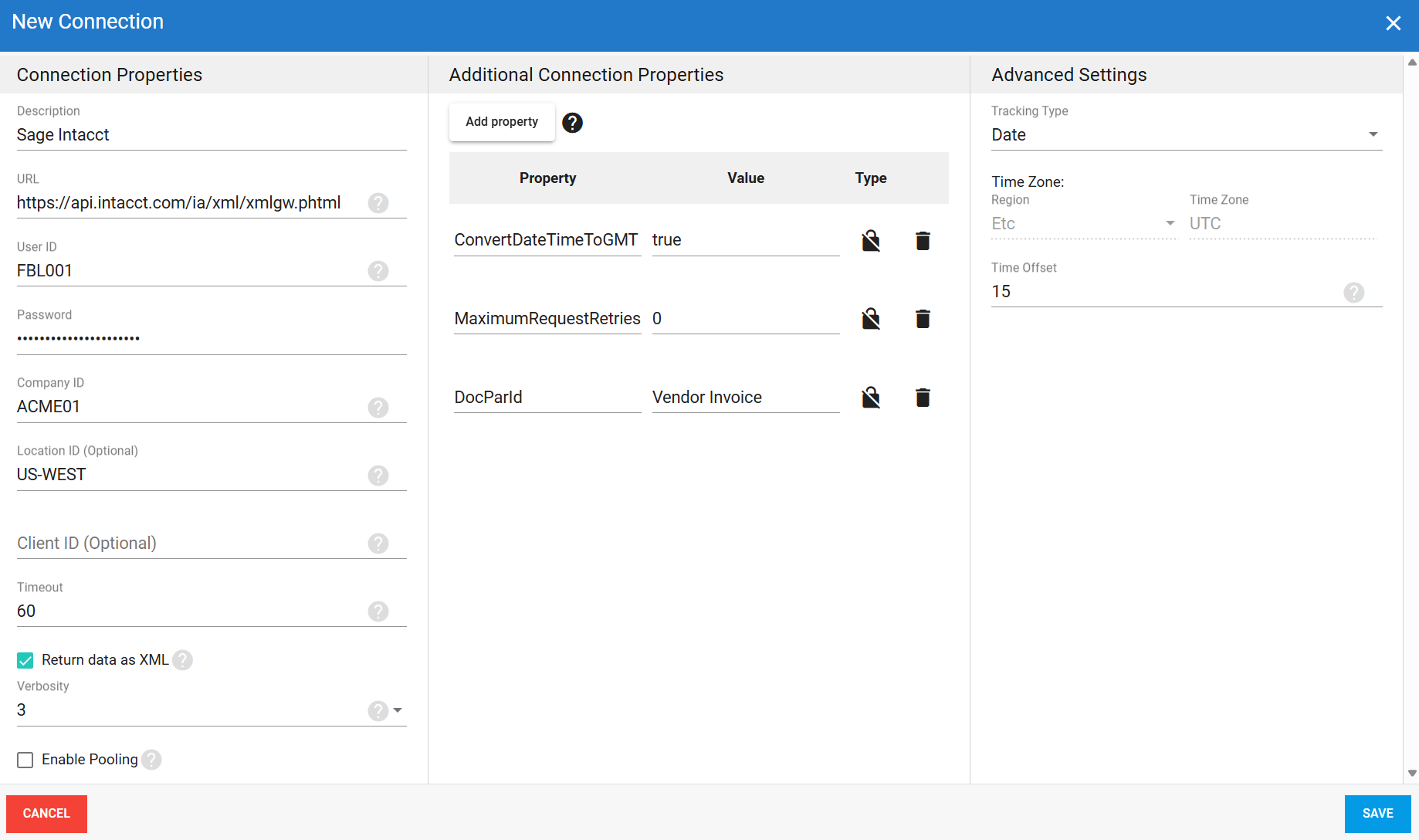 Sage Intacct source connection in DataSync