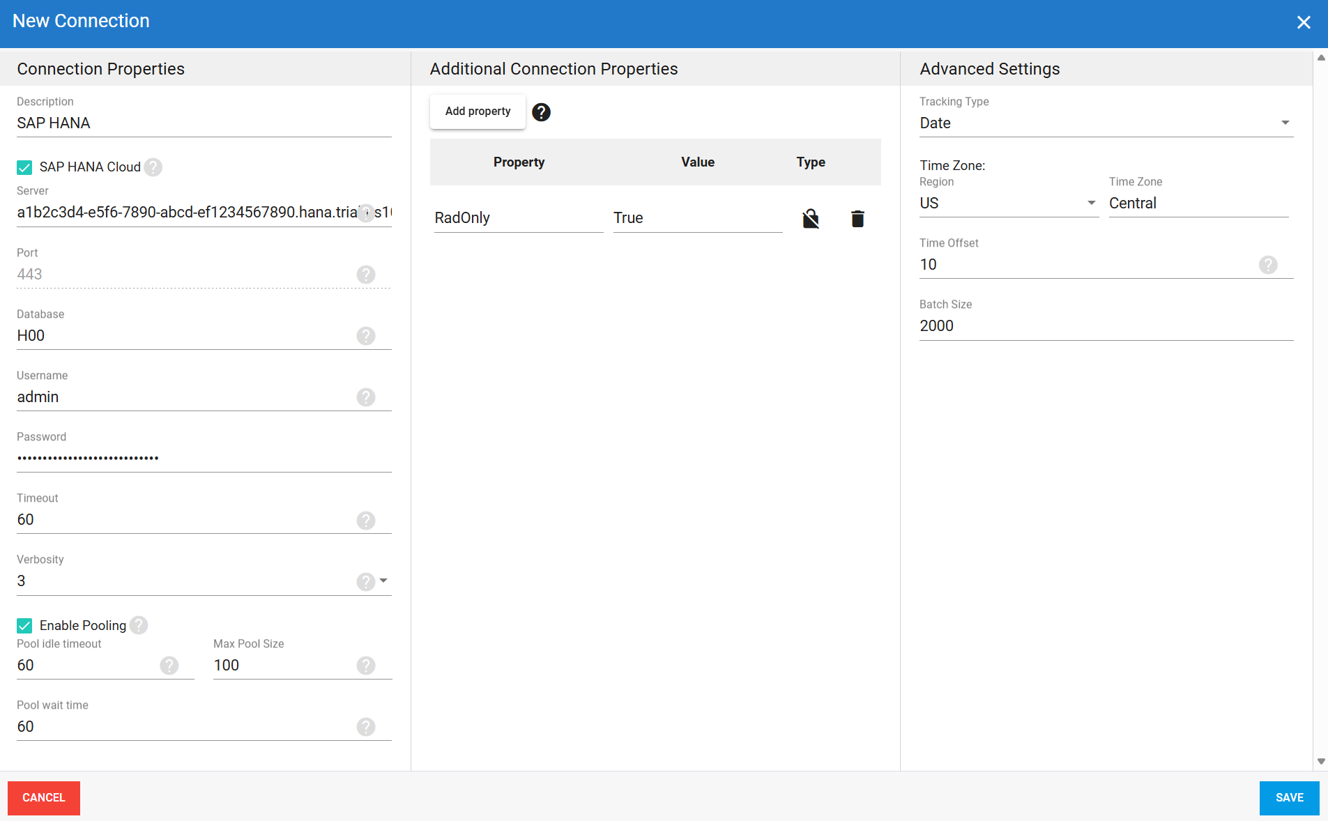 SAP HANA source connection in DataSync