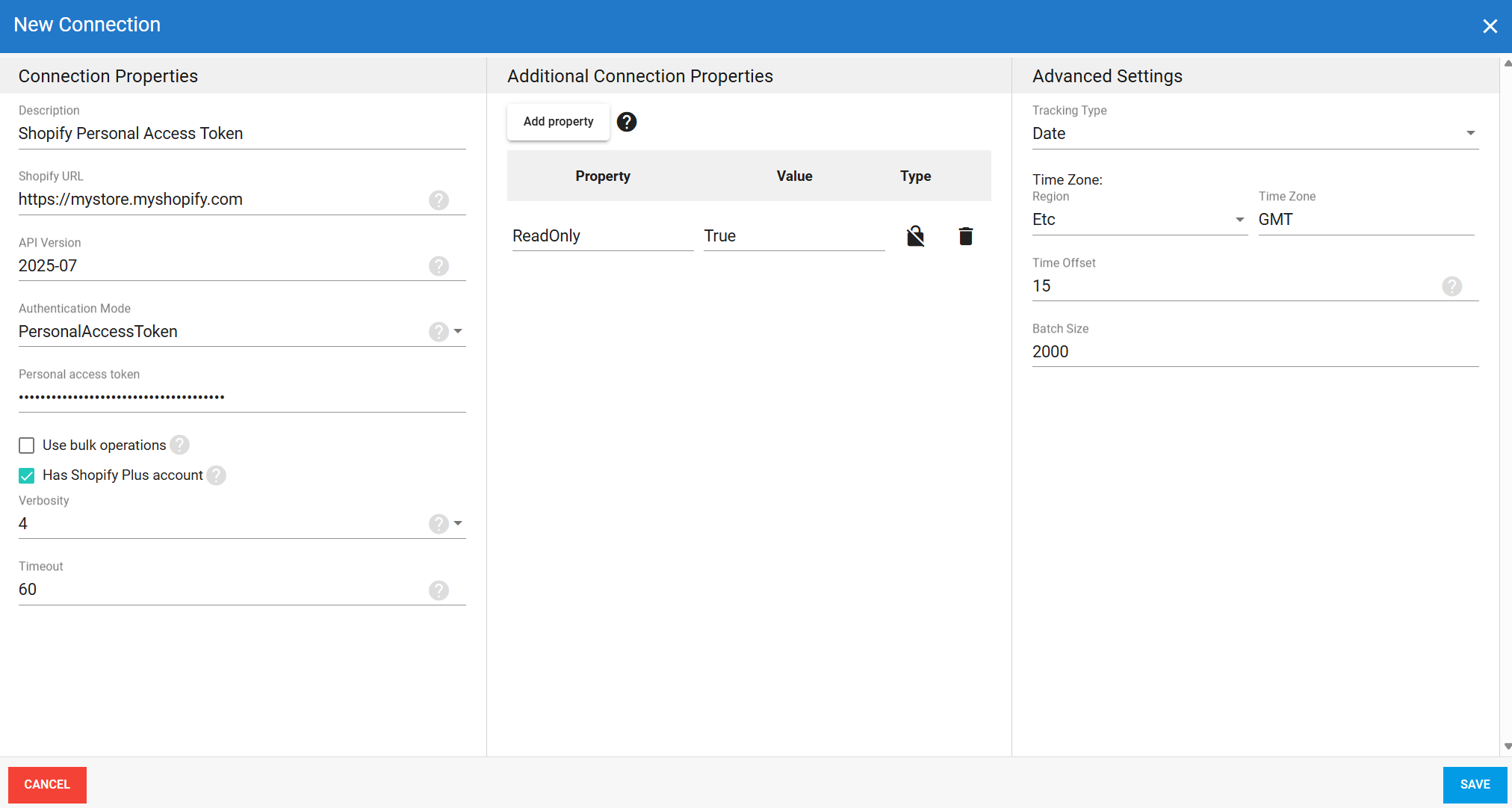 Shopify Personal Access Token source connection in DataSync