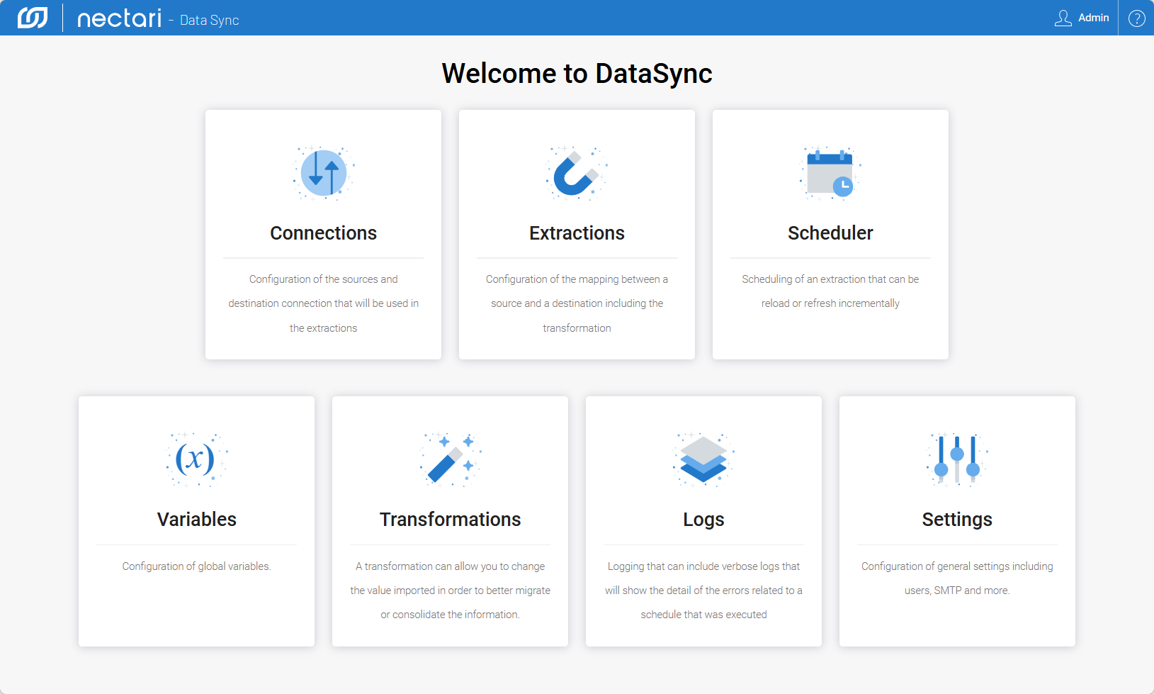 DataSync home page with the left pane listing the Connections, Extractions, Scheduler, Variables, Transformations, Logs, and Settings modules