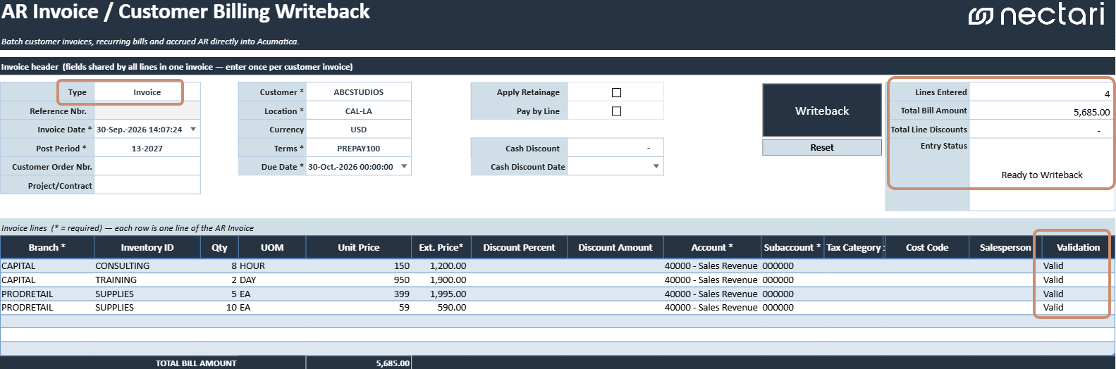 Entry summary of the AR Invoices, Debit Memos, Credit Memos Writeback template, showing Lines Entered, Total Bill Amount, Total Line Discounts, and Entry Status