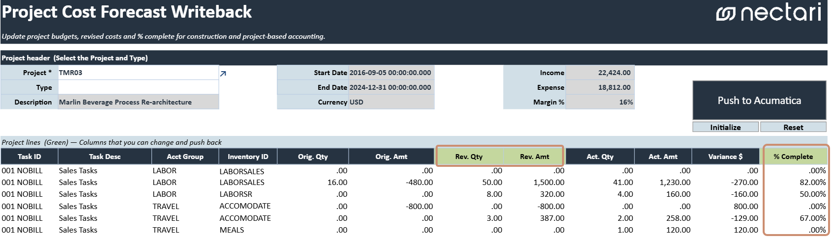 Project Cost Forecast Writeback template, showing the project header summary and the revised quantities, revised amounts, variances, and completion percentages in the project cost grid