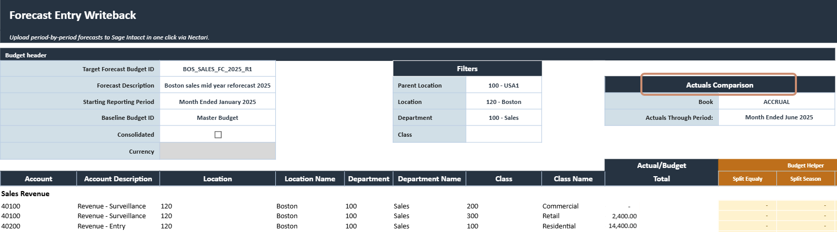 Actuals comparison fields of the Forecast Revision / Rolling Forecast Writeback template for Sage Intacct, with the ACCRUAL book and actuals through June 2025