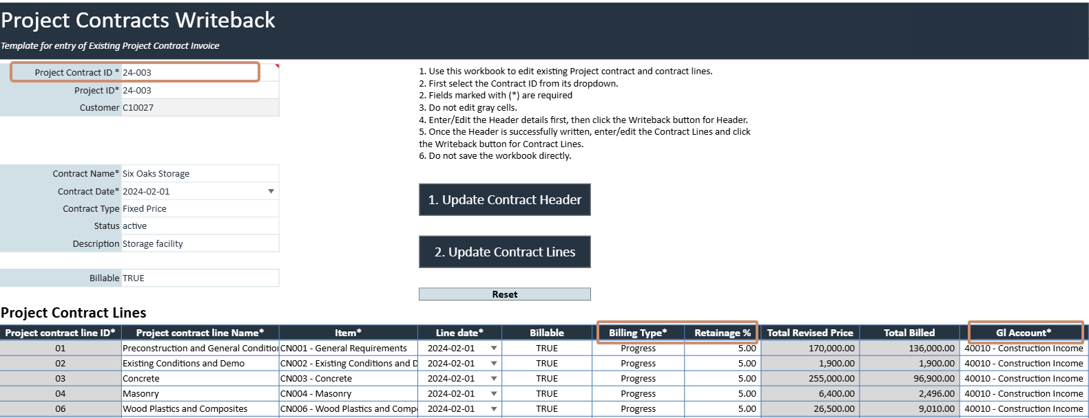 Update Existing Project Contracts Writeback template for Sage Intacct, showing the contract header and the contract lines loaded for an existing project contract