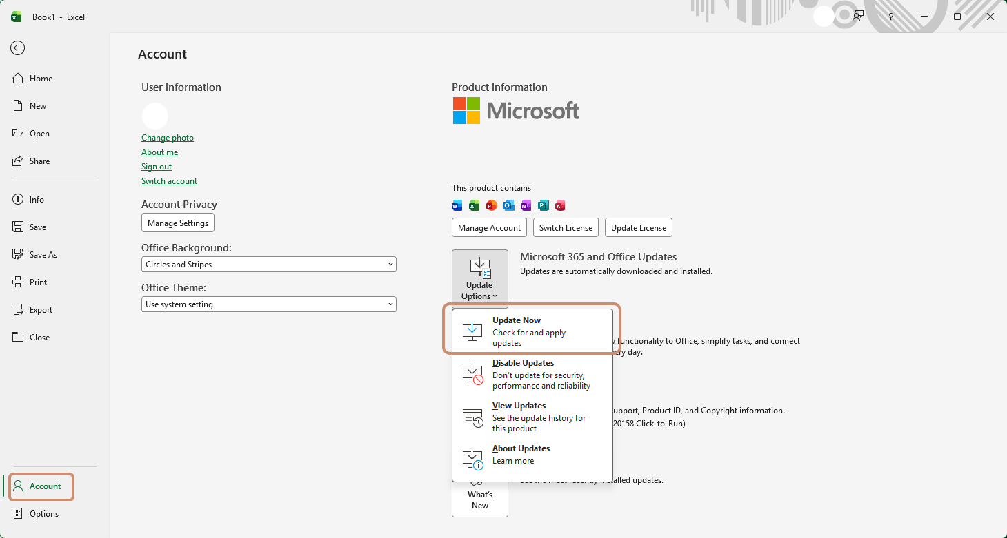 Excel Account screen with Update Options and Update Now
