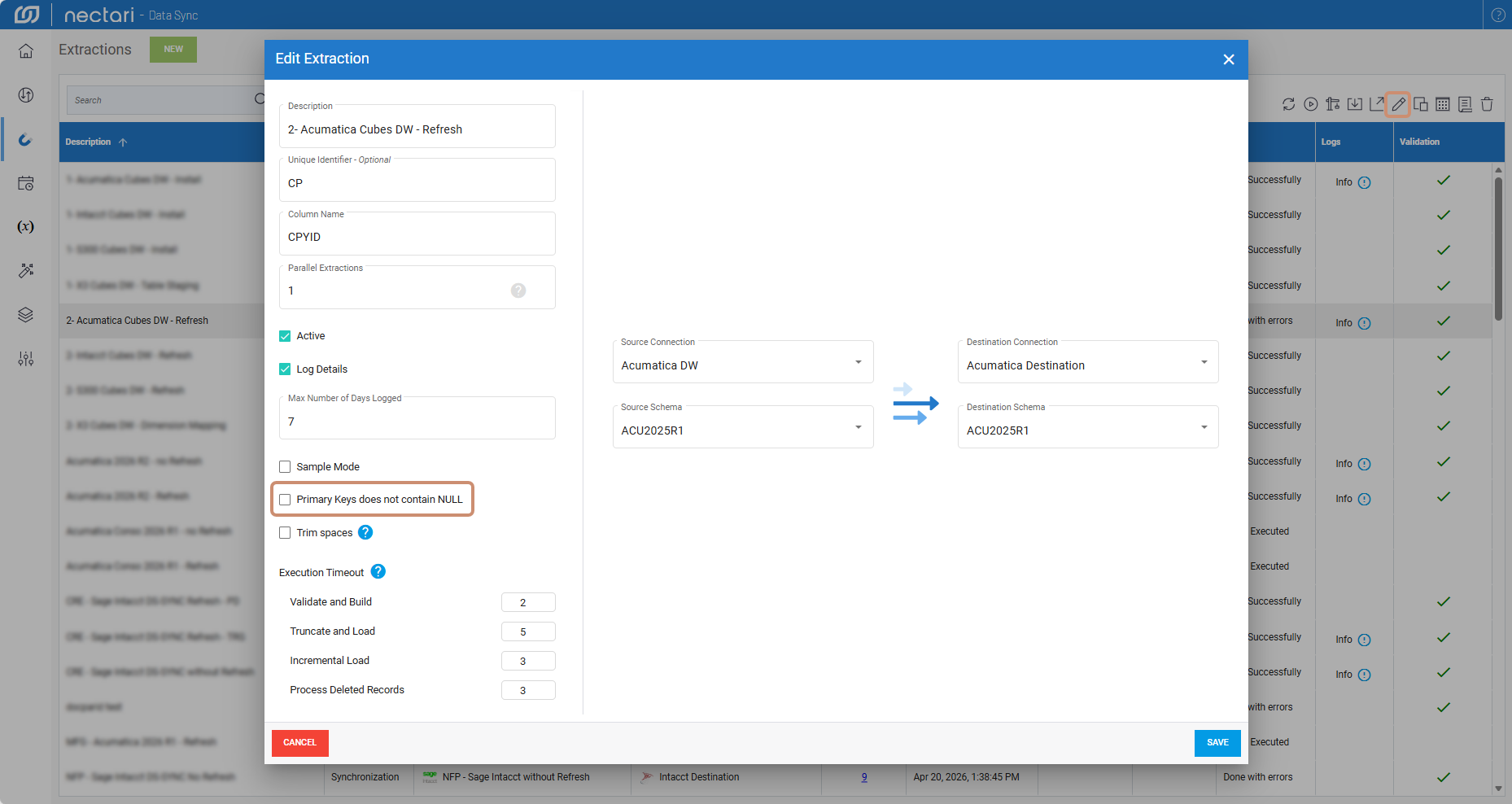 Edit Extraction dialog with the Primary Keys does not contain NULL checkbox highlighted